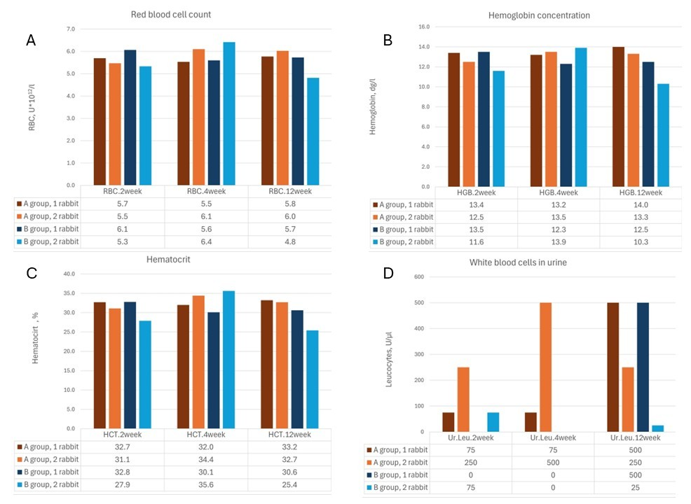 Laboratory analyses of  rabbit blood and urine. A. Red blood cell count, U*1012/μl. B. Hemoglobin concentration, dg/l. C. Hematocrit, %. D. Urine white blood cells, U/ μl.